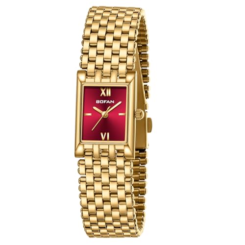 BOFAN Gold Watches for Women Luxury Ladies Quartz Wrist Watch with Stainless Steel Bracelet, Red Dial