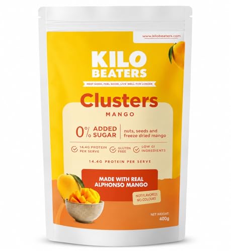 Image of Kilobeaters Mango Breakfast Clusters with Real Freeze-Dried Alphonso Mango | High Protein Granola | No Added Sugar | Gluten Free | Healthy Cereal for Breakfast & Snacking 400g