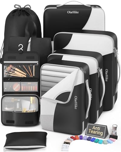 Image of 8 Set Packing Cubes for Travel, Gifts for Men,Anti-Tearing Suitcase Organizer for Luggage with Shoe & Hanging Toiletry Bag, OlarHike Vacation Accessories for Cruise, Travel Essentials for Men, Black