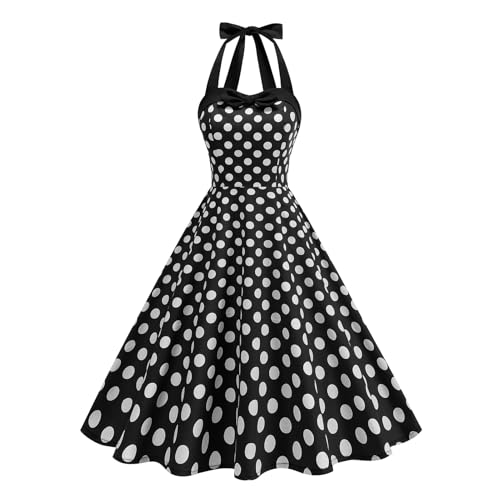 Odizli Rockabilly Kleider Damen 50er Jahre Vintage Elegant Sommer Neckholder Polka Dot Bowknot Petticoat Swing A Linie Knielang Sommerkleid Festlich Hochzeitsgast Karneval Coctailkleid Schwarz S