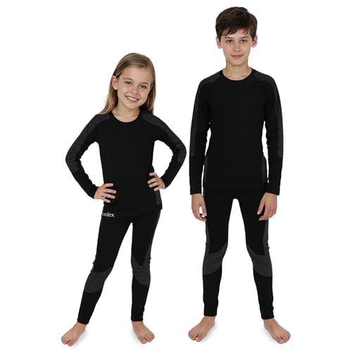 ALPIDEX Kinder Thermounterwäsche Set Funktionsunterwäsche Skiunterwäsche Jungen Mädchen Ski Fußball Sport Winter warm atmungsaktiv, Größe:134-140, Farbe:Black-Grey