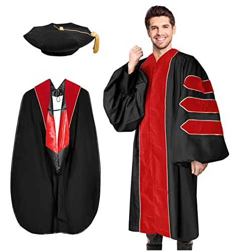 YIIOSS Unisex Deluxe Doctoral Graduation Gown with Tam 8-Sided Package and Hood for Doctoral Regalia Red