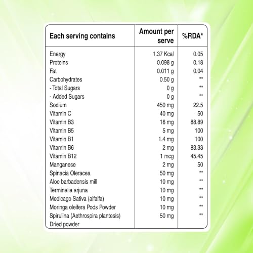 Image of Pure Nutrition Super Greens 20 Effervescent Tablets with Moringa, Spirulina, Arjuna Leaf Extract, Vitamin B1, B3, B5, B6, B12 | 14+ Vitamins, Herbs, Superfoods & Antioxidants for Immunity & Overall Wellbeing