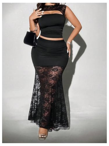 Floerns Women's Plus Size Floral Lace Maxi Skirts High Waist Fishtail Hem Long Skirts4