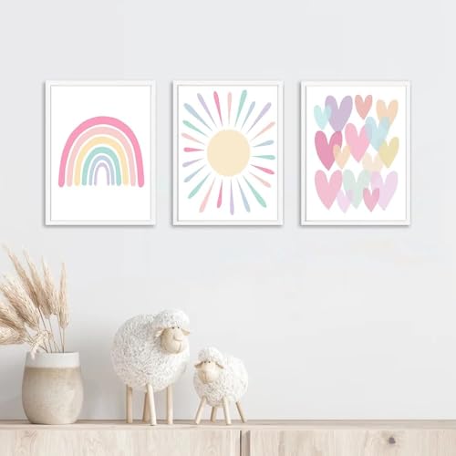 Bilder Kinderzimmer Poster Regenbogen Herzen Boho Wandposter, Bilder Set Junge Mädchen Babyzimmer Kinderbilder, Wandposter Premium, Ohne Rahmen (40x50cm)