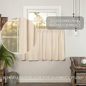 Vhc brands simple life flax solid color cotton linen blend farmhouse kitchen curtains rod pocket 36×36 tier pair natural creme white  urban country home decor