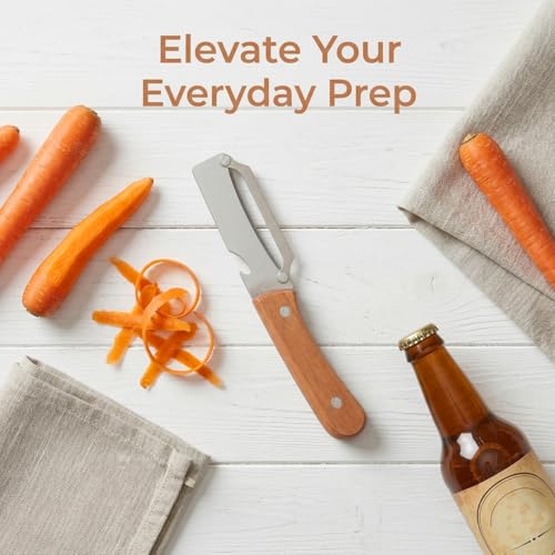 EPIGEIST 2 Stück 2 Stück-Pack Multifunktionaler Küchen Schäler mit Holzgriff Gemüseschäler und Flaschenöffner für Obst Gemüse und Picknick Langlebiges Schälwerkzeug