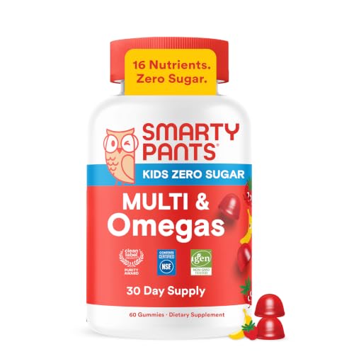 Image of SmartyPants Kids Zero Sugar Multi & Omegas Multivitamin Gummies with Omega 3 ALA, Vitamins D, C, A, Plant-Based, Clean Label, No Sugar Alcohols, Strawberry Banana Flavor, 60 Gummies (30 Day Supply)