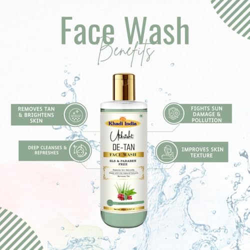 Image of Khadi De-Tan Face Wash 200ml | Herbal & Natural | With Cherry & Aloe Vera for Tan Removal, Skin Brightening | Sun Damage Protection | SLS & Paraben Free | All Skin Types | For Men & Women