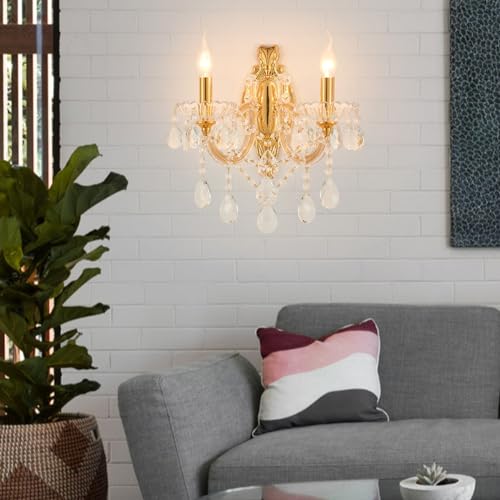 Image of YLONG-ZS Gold Traditional Crystal Wall Sconce, 2-Light Candle Style Vanity Lamp, Ornate Metal Frame with Glass Trim Strips, Hardwired Vintage Fixture for Bathroom Bedroom, E12 Base