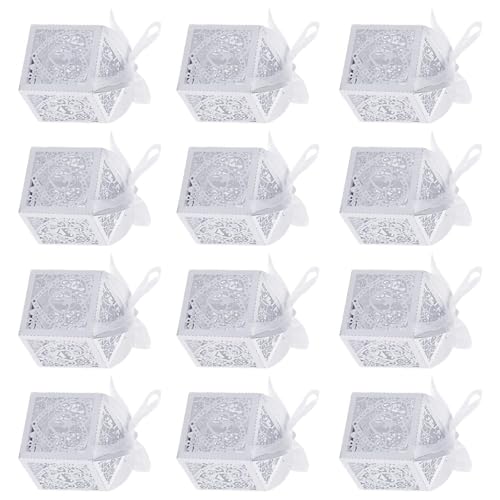 Oxtxuzdm 12 cajas de caramelos decorativas con cinta blanca con corazón de amor, cajas de chocolate, elegantes decoraciones de boda y fiestas