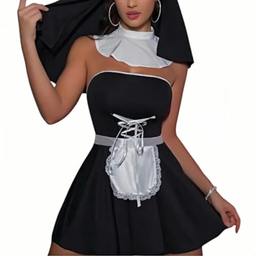 nujett Sexy Adult French Maid Lingerie Costume for Women Mini Dress with Apron Roleplay Outfit Cosplay Party Halloween Clubwear Valentine's Day Gift for Women Adults Fashion Inspired Design