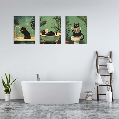 Qiukoo Set of 3 Framed Cat Bathroom Wall Art Pictures – Waterproof Canvas 12×16 in with Hooks, Durable Humorous Toilet Decor for Home & Bathroom, Funny Cat Toilet Art Prints for Indoor Use - Cosy Home Interiors Qiukoo Set of 3 Framed Cat Bathroom Wall Art Pictures – Waterproof Canvas 12×16 in with Hooks, Durable Humorous Toilet Decor for Home & Bathroom, Funny Cat Toilet Art Prints for Indoor Use - Image 2