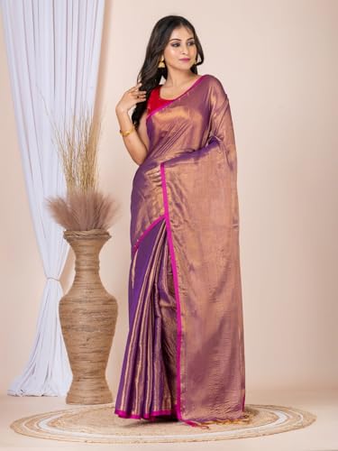 Image of Women's Tissue Cotton Saree | Plain Lightweight Tassel Pallu Saree with Blouse