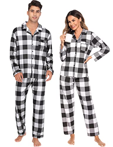 Sexqero Christmas Family Matching Pajamas Set Couples Button Down Sleepwear Loungewear Long Sleeve Plaid Pjs Lounge Set(Women A- White and Black Lattice Large)