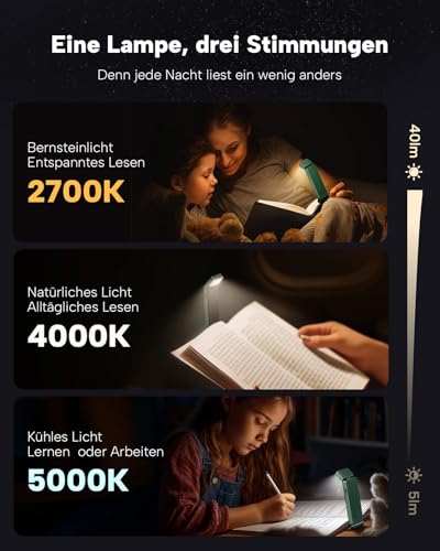 86lux Leselampe Buch Klemme，Wiederaufladbare Buchlampe zum Lesen im Bett，Ultraleichte LED Klemmlampe mit 3 Bernsteinfarben und Stufenlosem Dimmen für Nachtlesen für Buchliebhaber, Kinder,Grün 3