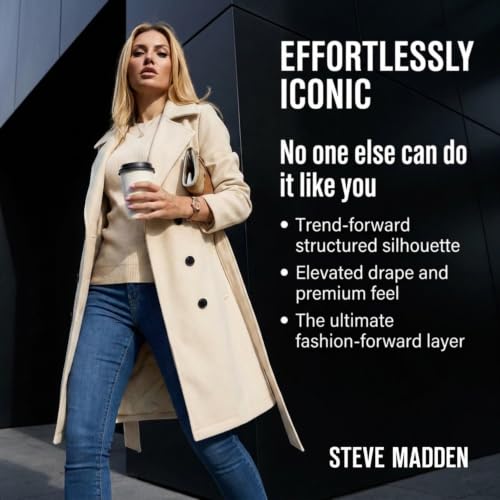 Image of Steve Madden Trench Coat for Women - Double-Breasted Long Winter Faux Wool