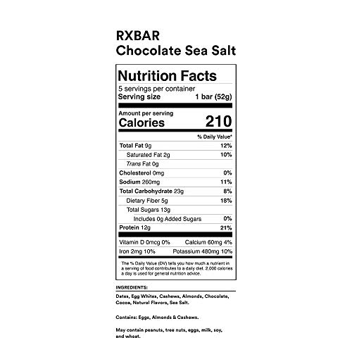 RXBAR Protein Bars, 12g Protein, Gluten Free Snacks, Chocolate Sea Salt, 9.15oz (5 Bars)