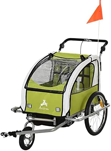 Aosom Elite 360 Swivel Bike Trailer for Kids Double Child Two-Wheel Bicycle Cargo Trailer with 2 Security Harnesses, Green