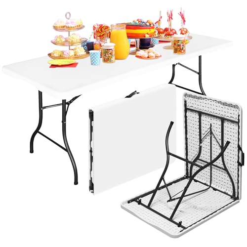 Bblife 6FT Folding Tables Heavy Duty White Foldable Table, Multi-Functional Fold up Table for Outdoor Camping Picnic Parties, Indoor Events Training with 330lbs Static Weight Capacity