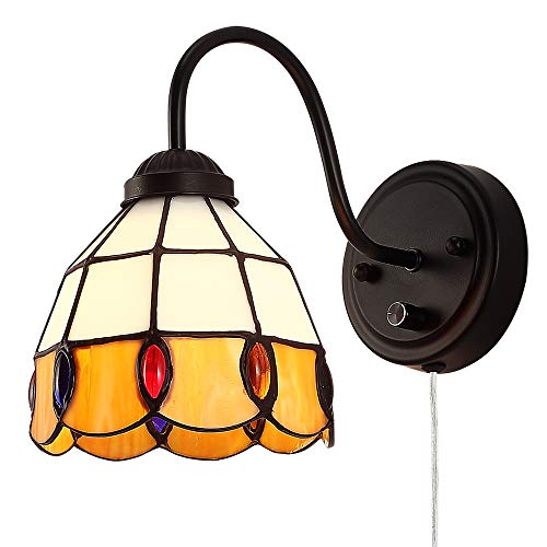 Lámpara de pared Tiffany con interruptor regulable, lámpara de pared industrial vintage con cuello de cisne con enchufe en pana, lámpara de pared de cristal de color naranja, perfecta para dormitorio,