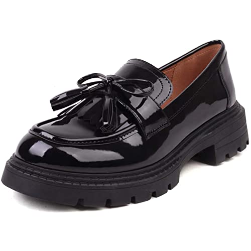 British Style Women's Fashion Loafers, Patent Leather Tassel Loafers, Black Thick-Soled Loafers, Slip-on Thick-Soled Loafers, Simple Casual Flat Shoes, Plus Size Shoes., Black, 6 UK