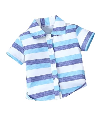 Image of Boys Short Sleeve Button Down Shirts, Plaid and Striped Pattern, Cotton Casual Tops, Pack of 2