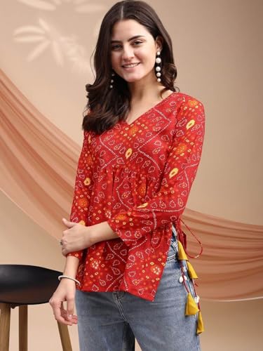 Image of MAHIRA'S Women's Short Kurti, Black Rayon Tunic Top with Embroidered Sleeves, 3 /4 Designer Sleeves