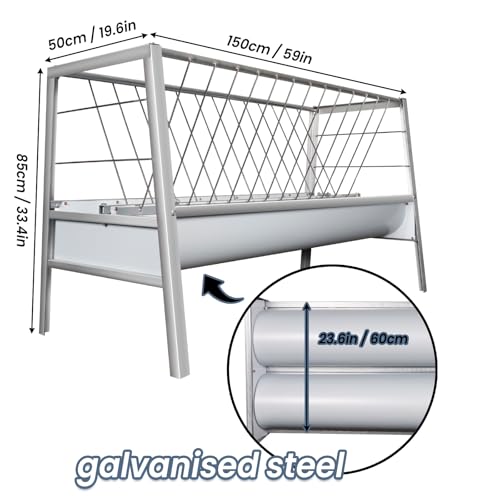 YOEXTO Livestock Feeder 80 Gallon, 5-Feet Long Pasture Hay Feeder with Deeper Feeding Pan & Moveable Livestock Feeder, 2 in 1 Hay & Grain Feeder for Goats,Sheeps,Horses,Donkeys & Sheep Sheds