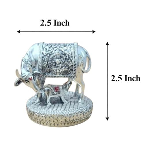 Image of ARNAVIRA 999 Silver Plated Antique Vastu Kamdhenu Cow with Calf Idol with Lakshmi Remedy for Wedding & Housewarming Gift | Pooja Room Height 2.5 Inch