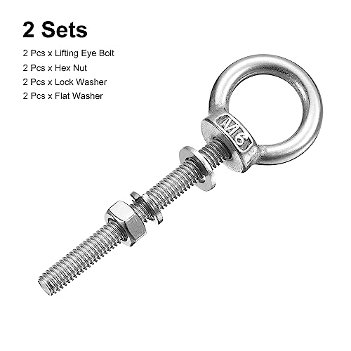 Image of uxcell Lifting Eye Bolt, 2 Sets M6x50mm Eye Bolt with Nut Washer 304 Stainless Steel Shoulder Lifting Ring Eye Bolt for Hanging Item