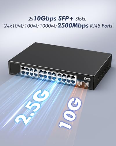 Image of 24-Port 2.5G Network Switch+2x10G SFP, 24x 2.5G Base-T Ethernet Unmanaged Switch, 24 Ports Switch Compatible with 10 /100 /1000 /2500M, 160Gbps Switching Capacity, Fanless, 19-inch Rack Mount