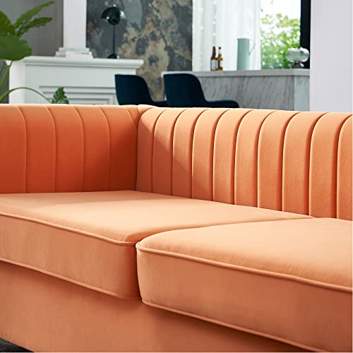 Image of KEIKI 84 inch Velvet Deep Channel Tufted Sofa with Back Cushions and Rolled Arms, Modern Style 3-Seater Couch with Golden Polished Steel Legs, Easy Assembly, for Living Room, Bedroom, Office, Orange