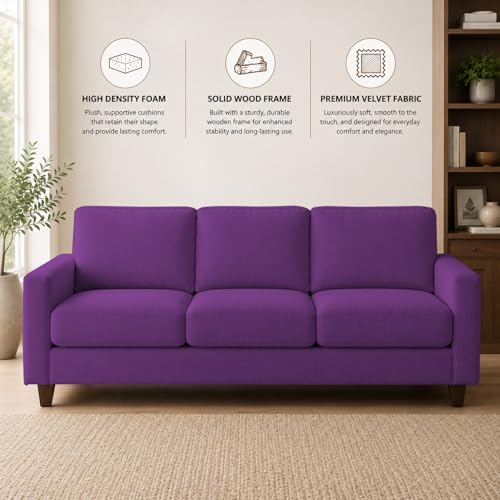 Image of Casaliving Gladino Modern Velvet Fabric Sofa, Tufted Design Upholstered 3 Seater Sofa Set for Living Room, Premium Velvet Fabric Sofa (Purple)