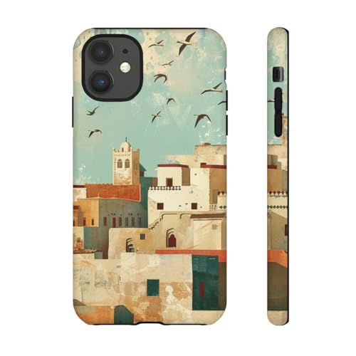 Coque iPhone 11 marocaine rigide mate avec illustration de ville côtière