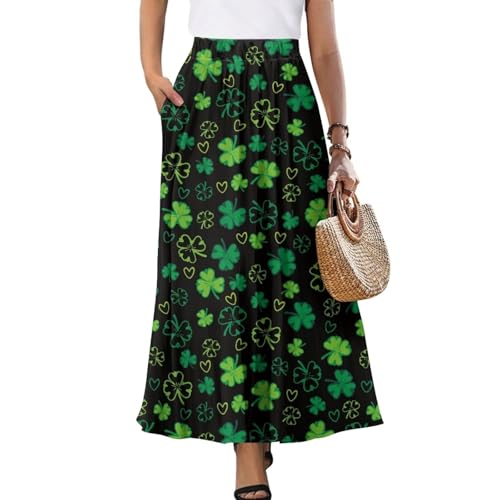 Brosoneto St. Patrick's Day Lucky Leaf High Waist Maxi Skirt for Women Fashion Flowy A-Line Long Skirts Casual with Pockets Flowy Swing Hem Ankle Length Party Holiday Dress
