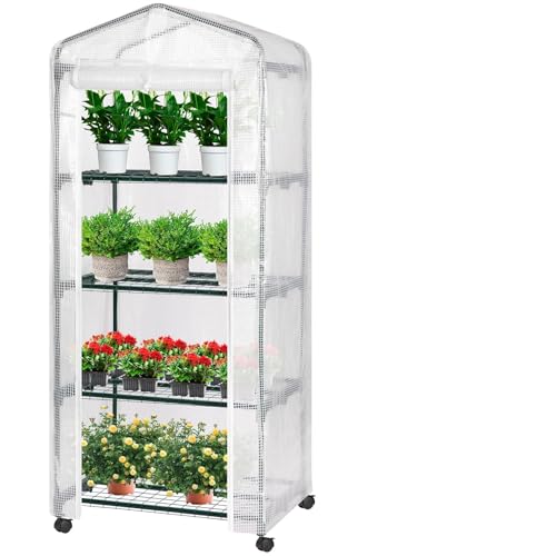 Image of VIVOSUN Mini 4-Tier Greenhouse with Wheels, 27 x 19 x 63-Inch Reusable Portable Warm House with White PE Cover and Shelf for Compact Garden and Small Backyards, with Wheels
