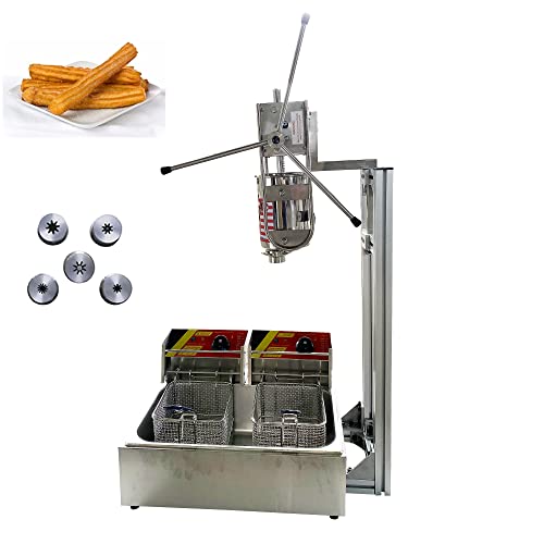PreAsion Churros Machine, Commercial Churro Maker Machine, Manual Spanish Donuts Churros Fill Machine, 5L Vertical Stainless Steel Churro Filler with 12L 220V Deep Fryer and 5pc Nozzles for Bakeries