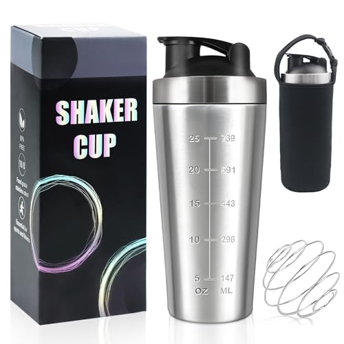 HA BIN Shaker de Proteínas 750ml en Acero Inoxidable | Botella Mezcladora con Bola de Acero y Funda | Shaker para Gimnasio Antifugas | para Batidos Proteicos, Suplementos y Bebidas