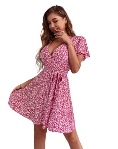 Oubaiyi Vestido Corto de Verano para Mujer Vestido Sexy de Manga Corta Cuello en V Estampado de Flor Volantes Vestido para Mujer C,L Cover
