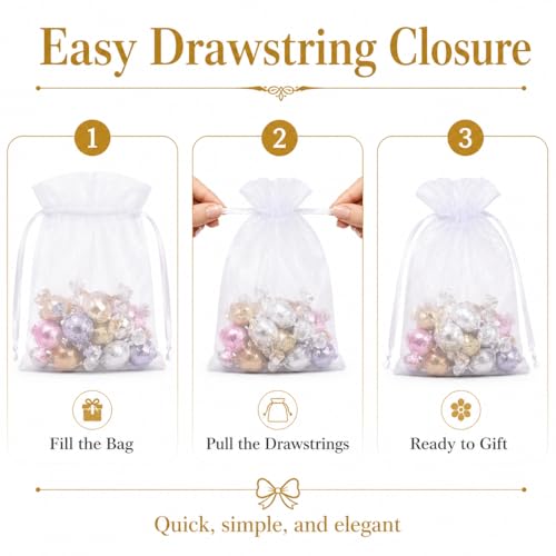 Image of Hopttreely 50Pcs White Organza Bags 5x7 Inches, Durable Mesh Gift Bags Drawstring, Jewelry Pouches Candy Treat Sachet Mesh Bag Drawstring for Wedding Party Favors Baby Shower and Fruit Protection