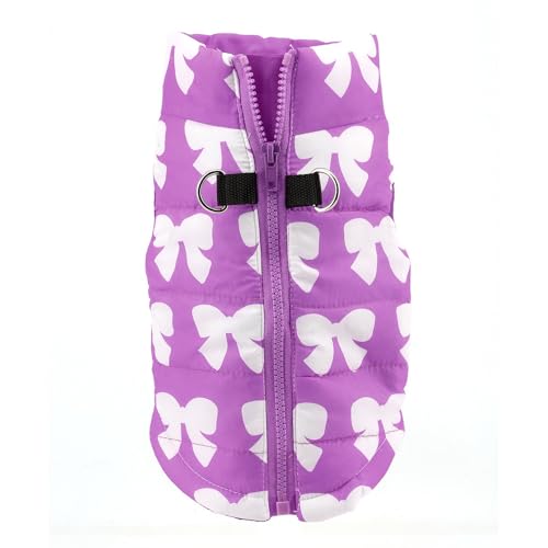 Image of SMALLLEE LUCKY STORE Dog Coat with D-Ring for Small Dogs, Purple, XL | Bow Print, Water-resistant Shell, Padded Warmth, Zip-up Fit, Winter Walks, Chihuahua, Yorkie, Small Dog Harness Jacket