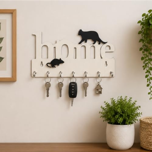 Image of Webelkart Premium Home Keys Wooden Key Holder (29 cm x 13.5 cm x 0.4 cm, Wood) 7 Hook - Decorative Items for Home Decor (Off White)