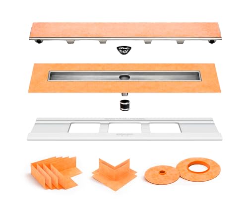 All-in-one Waterproof Linear Shower Drain Kit with 68 Inch Center Outlet Channel Body and Drain Grate Assembly in Tileable Design