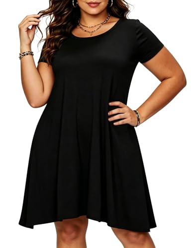 Image of Afibi Womens Short Sleeve Loose Pockets Dress Casual Swing T-Shirt Dresses