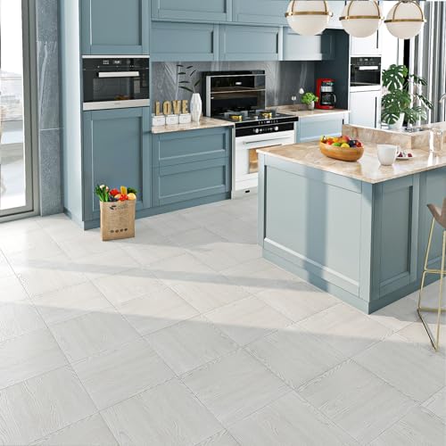Livelynine Peel and Stick Waterproof Vinyl Floor Tiles for Renters - White Wood Look, 12x12, 4 Tiles