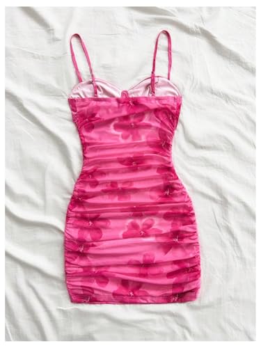 SOLY HUX Women's Summer Floral Corset Dress Spaghetti Strap Ruched Mesh Bodycon Vacation Mini Dresses2