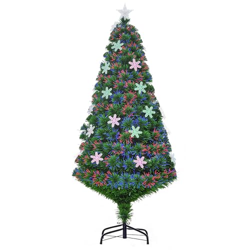 HOMCOM Árvore de Natal artificial árvores de abeto 150 cm com suporte decorações natalícias flocos de neve fibra ótica brilhante LED multicolorido ignífugo