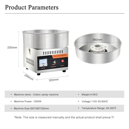 Cotton Candy Machine Commercial, 1000W Electric Cotton Candy Machine, Candy Floss Maker with Stainless Steel Bowl, Sugar Scoop, Perfect for Family Party, Kids Birthday