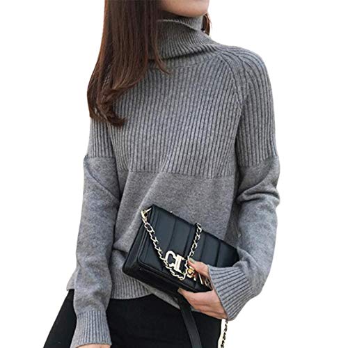 Huanggu(フアングー) レディース ニット セーター ハイネック タートルネックトップス 無地 長袖 プルオーバー ボトルネック リブニットゆったり トップス 暖かい アウター シフォン接ぎ 秋冬 (グレー, M)